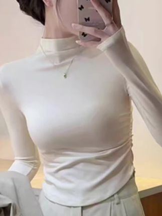 韩版半高领褶皱U型下摆长袖T恤女春秋修身内搭打底衫别致短款上衣#辣妹穿搭 #性感小性感 #穿搭分享 #女装穿搭 #优雅气质