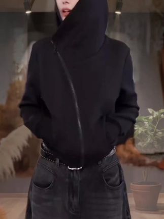 高级感斜拉链连帽长袖卫衣外套女装早秋季新款显瘦短款黑色上衣#女装