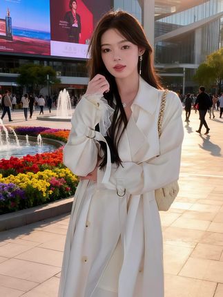 秋季新款高级感白色风衣外套女中长款气质收腰垂感英伦休闲大衣