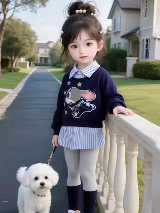 常规春秋卡通风套头休闲风女童套装打底休闲多巴胺穿搭
