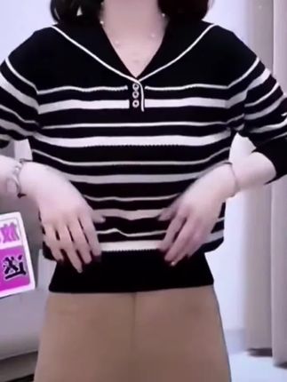 【80-160斤】海军领翻领条纹套头针织衫2025秋冬打底长袖上衣女318
