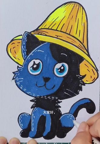 简笔画第十七天戴着草帽的双色小猫#简笔画#幼儿园绘画 #儿童画 @抖音创作小助手