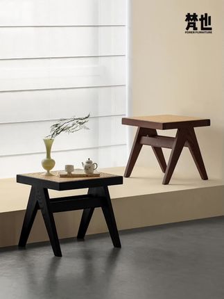 #家具 梵也家具藤间凳黑色侘寂风实木餐椅复古编织床尾凳玄关家用换鞋凳 #凳子 #实木凳 #木凳 #换鞋凳