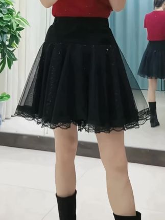 2025广场舞新款半身大摆亮片演出服拉丁舞吉特巴舞裙三步踩#小黑裙 #短裙穿搭 #网纱裙#舞裙#防走光半身裙