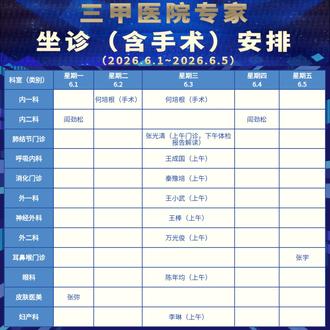 三甲医院专家坐诊(含手术)安排 2026.6.1~2026.6.5