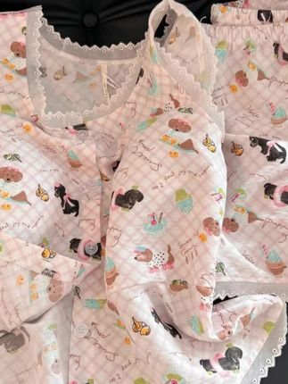 带胸垫卡通格子睡衣女夏季花边吊带家居服套装#睡衣女 #家居服套装