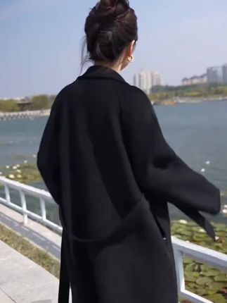 【100%纯羊毛】双面呢大衣女秋冬季气质长款腰带时尚百搭
