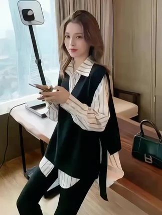 大码女装遮肚子长袖条纹衬衣女春秋季胖mm宽松显瘦衬衫马甲两件套#好物推荐🔥 #两件套 #谁穿谁好看 #好穿又好搭 #美出高级感