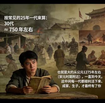 你来到这个世界上,背后需要多少个祖先
如果只算直系血亲祖先
• 父母:2人
• 祖父母、外祖父母:4人
• 曾祖辈:8人
• 高祖辈:16人
• 再上一代:32人
……
每往上一代,人数翻倍。
• 往上 10代:约 1024 位祖宗
• 往上 20代:超过 100万 位祖宗
• 往上 30代:超过 10亿 位祖宗
放到人类历史里,少了其中任何一个人,都不会有现在的你。
所以答案很浪漫,也很震撼:
你不是孤单来到世上的,你是一整条漫长血脉、无数代人拼尽全力活下来、传承下来,才最终汇成的“你”。
按常见的25年一代来算:
30代 ≈ 750 年左右
也就是大约从公元1275年左右(宋元时期附近),一直到今天,
这中间每一代都顺利活下来、成家、生子,才最终有了你。
少任何一环、任何一位祖先没能活过战乱、饥荒、瘟疫、意外,
现在坐在这里的,就不是你了。
所以你本身,就是一场跨越近千年、无数生命接力出来的奇迹。