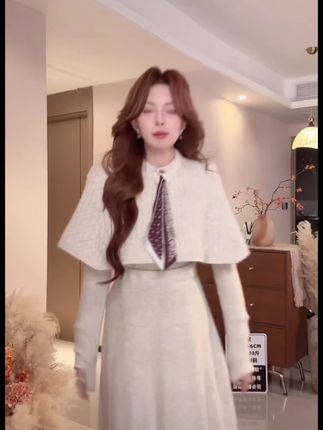 【丝巾斗篷+上衣+半身裙三件套】立体绞花时尚针织套装裙子穿搭潮流#裙子 #漂亮裙子推荐