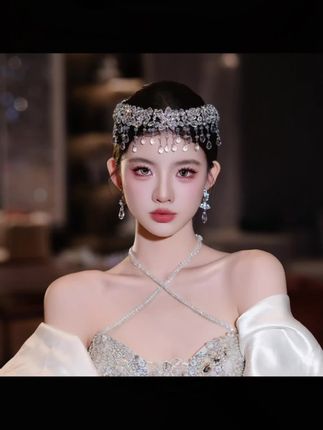 合金仿水晶婚庆饰品 新娘奢华水晶流苏额饰灵动结婚#头饰#饰品