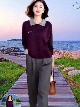 早秋新款时尚洋气假两件翻领针织衫,高腰直筒休闲裤两... #视频同款套装#两件套