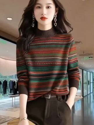 秋冬复古民族风条纹针织衫#时尚洋气#复古风穿搭#气质减龄#谁穿谁好看