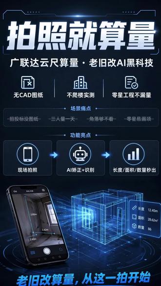 拍照即算量!云尺算量操作教程来啦! 还在为老旧改现场实测费时费力发愁?招投标没图纸,零星工程算不清?
广联达云尺算量来了👇
✅ 现场照片一键上传
✅ AI自动矫正角度+识别构件
✅ 长度/面积/数量快速出量
✅ 全过程图片数据自动归档
三人一天的工作,现在拍照一秒搞定!
🎬实操教学视频,戳这里→
#造价计价 #广联达 #云尺算量 #建模算量