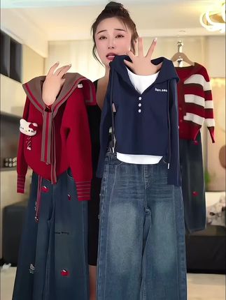 女童秋装套装2025新款洋气中大童假两件针织衫牛仔裤两件套#无限回购的宝藏单品