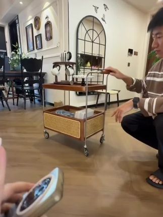 实木带轮边几不锈钢收纳中古小推车客厅储物藤编置物