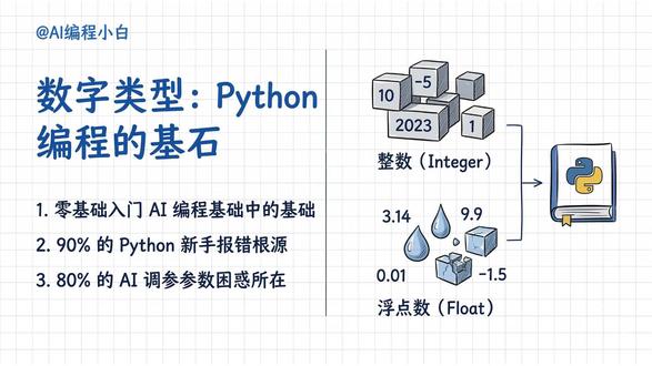 Python核心数据类型5分钟讲透,数字类型 #AI编程小白 #零基础学AI编程 #AI编程入门 #AI编程零基础入门 #vibecoding
老黄|零基础入门AI编程100讲第17期
非科班也能学的AI编程,5分钟搞懂核心逻辑
零基础小白评论区扣1,领完整入门路线图
新手从合集第1集开始看,不踩弯路