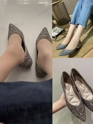 气质好看满钻压花小单鞋粗跟软底软面百搭仙女舒适女尖头平底鞋#视频同款包包主页橱窗下单