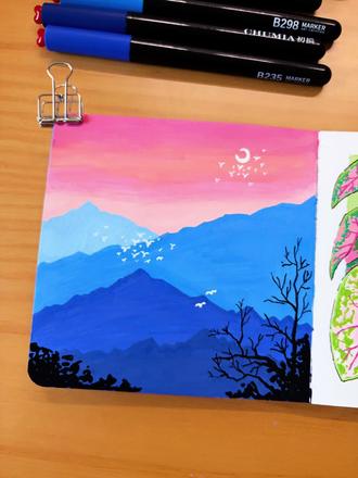 一分钟学丙烯马克笔画山间暮色,保姆级绘画教程小白也能轻松学会
🖌️:初描(色号放评论区)
山不见我,我自去见山。
在方寸画本里,藏起一片山野。
#跟着抖音学画画 #丙烯马克笔 #绘画过程 #每日一画 #氛围感绘画