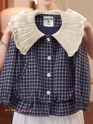 女童格子毛呢子娃娃领外套荷叶领加厚开衫夹克#女童格子加厚开衫
