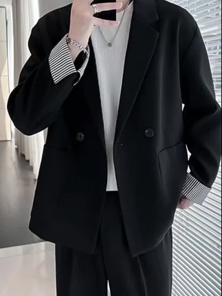 三件套休闲西装外套男春秋季宽松帅气高级男士韩版黑色修身男套装