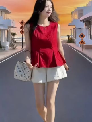 夏日新款小众无袖收腰红色上衣松紧腰短裤两件套来啦 #穿出你的时尚你的感觉 #高端大气 #随性穿搭 #气质范 #好看时尚