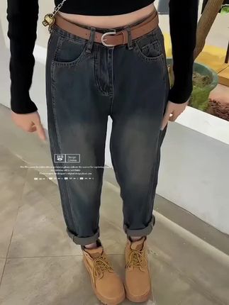 秋冬大码哈伦牛仔裤直筒老爹裤女胖mm梨形身材腿粗屁股大显瘦裤子#牛仔裤#面料柔软舒适#时尚穿搭 #遮肉显瘦