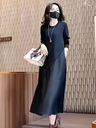 #黑色长裙 秋季休闲风A字裙中腰长袖拼接连衣裙显瘦轻奢法式黑色中长款裙子#气场全开 #今日分享 #美美的裙子 #新款连衣裙