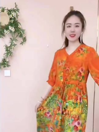 #夏季新款印花连衣裙#抽绳收腰长款大码中袖妈妈裙连衣裙#穿出自信穿出美丽