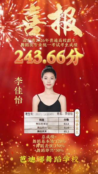 山东省统考我校学生李佳怡成功斩获243.66的超高分!!!零基础普高生集训六个月终获圆满!!!#山东省舞蹈统考 #山东省舞蹈艺考 #舞蹈艺考 #山东舞蹈艺考