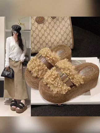 2025年秋冬季新款厚底松糕底皮带扣法式圆头防滑一字拖保暖毛毛鞋#毛毛鞋 #一字拖 #女鞋推荐 #拖鞋女