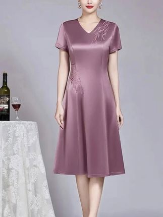 新娘妈妈装醋酸缎连衣裙藕粉色高贵高端气质喜庆婆婆婚宴礼服夏秋。#洋气上档次