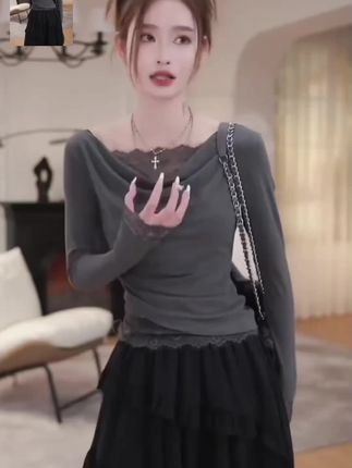 设计感假两件蕾丝拼接长袖T恤女2025春季内搭显瘦修身打底衫上衣#太美了#百搭款 #设计感上衣