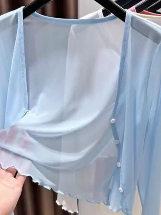 粉色木耳边网纱坎肩开衫女夏季配裙子万能小外搭轻薄透气空调罩衫#粉色木耳边#夏季配裙子#万能小外搭#轻薄透气#网纱上衣