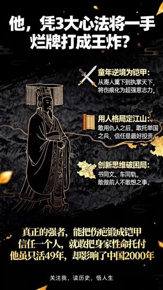 能创造一个崭新的制度,那才叫震撼 读完度阴山的《秦始皇创造力一统天下》,内心受到极大震撼。这位千古一帝的一生,远比影视剧更跌宕,也更让人深思。
一个被命运摔打的孩子,如何成为改写历史的人?
他童年坎坷,寄人篱下,看尽脸色。这样的经历没有压垮他,反而铸就了他超乎常人的意志与警觉。历史给了他一盘险棋,他却下成了旷世大局。
他的强大,始于“敢用人、会用人”。
他打破“非秦不用”的规矩,把各国精英都纳入麾下:楚国的李斯、魏国的尉缭、齐国的茅焦……真正做到了“聚天下英才而用之”。这份胸襟,是他能成事的第一块基石。
最经典的例子,莫过于对老将王翦的绝对信任。灭楚之战,他倾全国60万大军交付,面对王翦出征前后反复索要田宅的“自污”之举,他一一应允,君臣之间那份心照不宣的默契,堪称古代领导智慧的巅峰。他知道,让人才安心,就是让自己放心。
创造力,是他的核心驱动力。
他不满足于仅仅征服土地。他要做的是前所未有之事:书同文、车同轨、统一度量衡。这些奠定中国两千年大一统基石的制度,需要的是超越时代的想象力和钢铁般的执行力。他不仅敢想,而且真能干成。
然而,伟业之下,阴影随行。
或许是童年缺乏安全感,他对“永恒掌控”有着偏执的追求。寻求长生、大兴土木,透支了民力;未明确继承人,为身后巨变埋下祸根。他能以超凡创造力缔造一个帝国,却未能解决如何让它温柔且持久地运转。
读秦始皇,我们读的是什么?
是逆境翻盘的坚韧,是打破常规的胆识,是用人与做事的格局。他的故事告诉我们:真正的强大,是把伤疤变成铠甲,是把不同的人凝聚成共同的力量,是用一个宏大的构想,去推动历史的齿轮。
他虽然只活了49岁,秦朝也只存在了十几年,但他开创的模式、注入的“统一”基因,却真正做到了“精神永生”。每个人都能从他的故事里,读到一点关于成长、关于野心、关于成败的启示。#秦始皇 #读书成长 #人生智慧 #格局