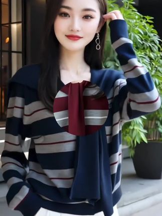 哥弟阿玛施正品早秋时尚撞色条纹羊毛开衫宽松长袖百搭披肩针织衫