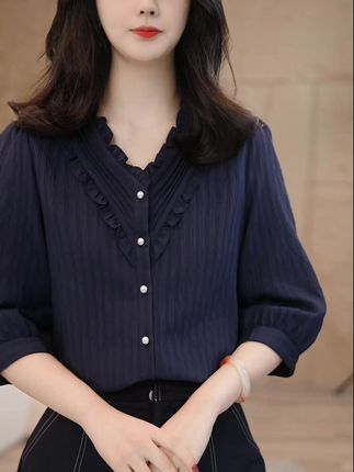 【小陈甄选】8592922藏青色夏季短袖衬衫女设计感小众气质宽松洋气