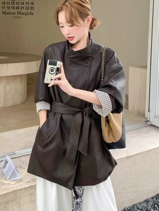 #复古气质条纹袖口咖色皮衣外套