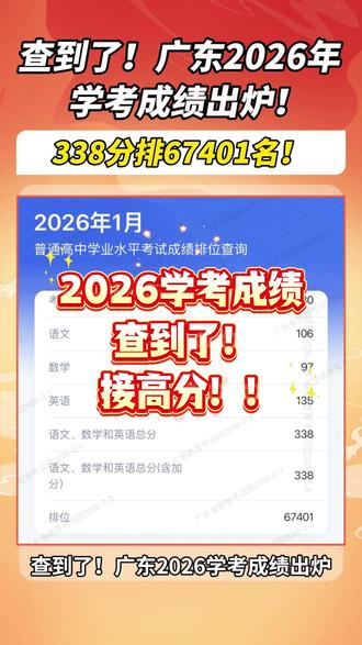 查到了!广东2026学考成绩出炉!338分排67401名! 你查到了吗?#2026学考 #学考 #高分 #2026广东学考#春季高考