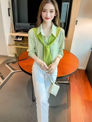 哇塞,这也太漂亮了吧#T假两件条纹衬衫女长袖宽松衬衣#春秋季新款韩版大码洋气百搭上衣#谁穿都好看