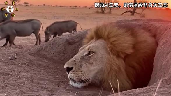 笑疯了!雄狮扒洞堵疣猪反被卡洞口,鬣狗扎堆围观看它出糗 #动物 #动物世界 #野生动物 #疣猪 #狮子