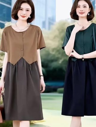 拼接连衣裙女夏季2025新款中年妈妈遮肚宽松圆领撞色中长裙子#夏季穿搭 #时尚妈妈装 #遮肉显瘦连衣裙#谁穿谁美 #穿出自信穿出美丽
