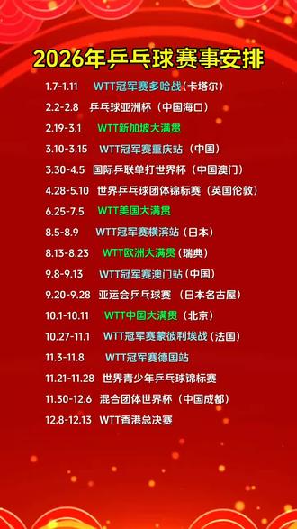 2026年乒乓球赛程安排