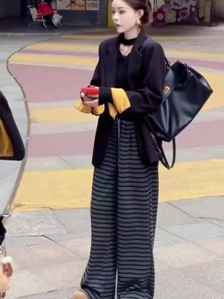 春秋复古针织条纹窄版阔腿裤