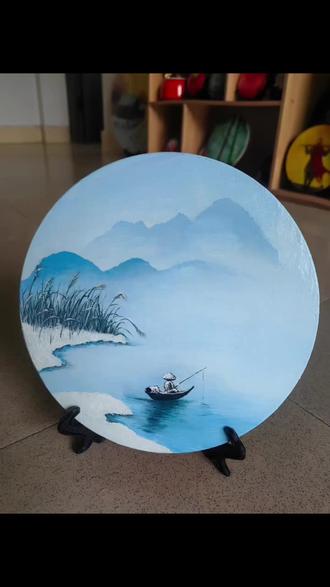 孤舟蓑笠翁,独钓寒江雪。#丙烯画,#手绘石头画