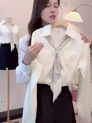 法式飘带长袖polo领衬衫女秋季2025新款衬衣时尚气质减龄上衣1305#衬衣