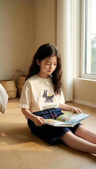 中大女童夏日穿搭新选择 展示中大女童夏季短袖牛仔中裤套装,版型宽松,造型别致。