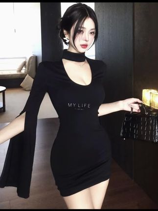 黑色小众设计感长袖连衣裙女小个子新款高级感名媛风气质包臀裙女#高级感穿搭 #黑色高级感穿搭 #性感小性感 #连衣裙分享