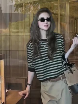 #气质范韩系宽松显瘦时尚百搭撞色条纹打底针织衫早秋新款慵懒感随心上衣 #个性穿搭