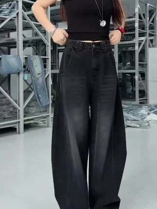 2025早秋新款黑色牛仔裤女大码胖mm梨形身材显瘦设计感弯刀阔腿裤#显高显瘦显腿长 #阔腿裤 #牛仔裤 #百搭裤子 #梨形身材穿搭